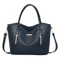 Navy blue lychee pattern PU leather tote bag with gold hardware and shoulder strap - Blue