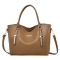 Luxurious dark brown pebbled leather tote bag with gold hardware and shoulder strap - Khaki