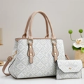 Elegantes Eimertaschen-Set mit Blumenmuster, Ledergriffen und goldener Hardware - Khaki