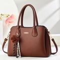 Classic brown pebble faux leather tote bag with gold metal trim and fuzzy charm - Khaki/Earth Yellow
