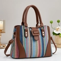 Borsa tote in tessuto multicolore con finiture in pelle e tracolla regolabile in interno - Blu