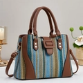 Stylish large-capacity striped woven handbag with brown leather trim and shoulder strap - Green