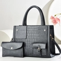 Borsa tote nera stampa coccodrillo con dettagli dorati e pochette coordinata - Grigio
