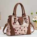 Sac fourre-tout beige chic avec motif cerise rouge et bandoulière en cuir marron - Abricot