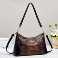 Brown and black faux crocodile embossed leather shoulder bag with gold logo and hardware - Coffee