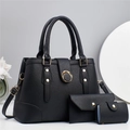 Black 3-piece faux leather bag set including tote and clutch with gold ring hardware - Black