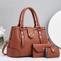 Brown litchi grain PU leather bag set with tote, wallet and card holder on desk - Khaki/Earth Yellow