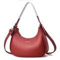 Minimalist red crescent shoulder bag in litchi grain leather with zipper closure - Wine Red
