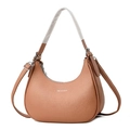 Close-up of hobo bag showing lychee grain leather texture and adjustable buckle strap - Pink