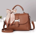 Brown litchi grain shoulder bag with silver buckle and decorative silk scarf detail - Khaki/Earth Yellow