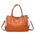 Brown lychee grain PU leather tote bag with dual handles and gold metal accents - Khaki/Earth Yellow