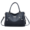Classic black PU leather tote bag with gold metal plaque and adjustable shoulder strap - Blue