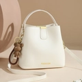 White bucket shoulder bag for women with leather texture and bear charm detail - Smooth Style / White