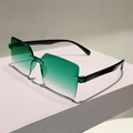 Detail view of rimless square sunglasses with gradient green lenses and black temples - Gradient Green