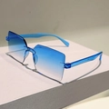 Close-up of rimless square sunglasses with blue gradient lenses and transparent blue temples - Gradient Blue