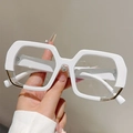 Detail of white geometric thick frame glasses with gold trim and heart rhinestone - White Frame Transparent Lens