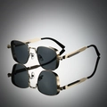 Close-up of steampunk golden metal frame with unique spring-loaded temple detail - Gold Frame Black Grey