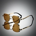 Detailed view of steampunk square sunglasses with gold metal spring frame and amber lenses - Gold Frame Tea Lens