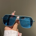 Minimalist double bridge square aviator sunglasses with matte blue frame and blue lenses - Blue Frame Blue Mirrored Lens