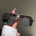 Detail of matte metal double-bridge frame and dark gray lenses on rectangular sunglasses - Gray Frame Silver Mirror Lens