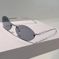 Detail of rimless oval sunglasses with silver metal temples and pearl decorations - Silver Frame Light Grey Lens