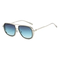 Detailed side view of silver metal square frame sunglasses with industrial texture - Silver Frame Gray Green Lens
