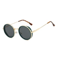 Detail view of round steampunk sunglasses with golden metal frame and green rims - Green Gold Frame Black Grey Lens
