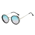 Detail der runden Vintage-Sonnenbrille mit Metallrahmen und blau-rosa Verlaufsgläsern - Schwarz Silber Rahmen Verlauf Grüne Gläser