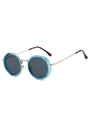 Detail der runden Retro-Sonnenbrille mit silberblauem Metallrahmen und dunklen Gläsern - Silber Transparent Blau Rahmen Schwarz Graue Gläser