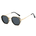 Steampunk gold metal octagonal sunglasses with dark grey lenses in a 45-degree angle view - Black Gold Frame Black Grey Lens