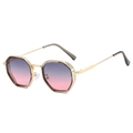 Detail view of steampunk polygonal metal sunglasses with purple gradient lenses - Translucent Gray Gold Frame Gray Pink Lens