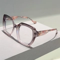 Detailed side view of cat eye glasses with lavender frames and floral patterned temples - Grey Pink Gradient Clear Lens