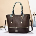 Minimalist large brown tote bag with woven panel, silk scarf handle, and flower charms - Coffee