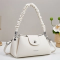 Chic cream large capacity tote bag with ruched handle and leather texture for women - Off-white