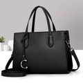 Classic black leather tote bag with lychee texture and silver C-pendant decoration - Black