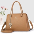 Brown litchi grain handbag with David Jones logo and cute cat pendant detail - Yellow