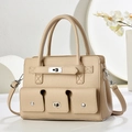Beige lychee pattern leather tote bag with multi-pockets and detachable shoulder strap - Light Khaki