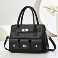 Large capacity black pebble leather tote bag with silver hardware and shoulder strap - Black