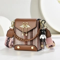Brown leather and woven crossbody bag with gold swan hardware and bear charm - Khaki/Earth Yellow