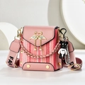 Pink tweed crossbody bag with golden swan heart clasp and pearl chain detail - Pink