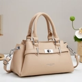 Elegante beige Lederhandtasche mit Silberverschluss und abnehmbarem Schultergurt für Damen - Khaki