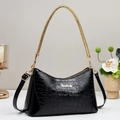 Glänzende schwarze Handtasche mit Krokodilmuster und goldenem geflochtenem Griff - 30.5*10*17.5 / Schwarz