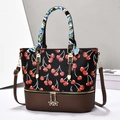 Stylish tote bag with cherry print and brown leather details plus silk scarf handle - Black