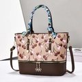 Women's chic cherry print tote bag with brown patchwork and silk scarf detail - Khaki