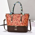 Sac fourre-tout classique à imprimé cerise, haut rose et base marron avec foulard - Jaune Terre