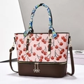 Pink cherry print tote bag with silk scarf handle and golden flower zipper pulls - Pink