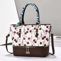Stylish cherry print PU leather tote bag with silk scarf handle and floral metal pendant - White
