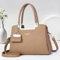 Brown litchi grain leather handbag with silver hardware and adjustable shoulder strap - Dark Khaki