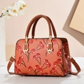 Orange-brown crossbody bag with red cherry prints and dark brown leather handles - Khaki/Earth Yellow