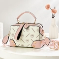Pink monogram canvas crossbody bag with elegant wide shoulder strap and gold hardware - Pink and White